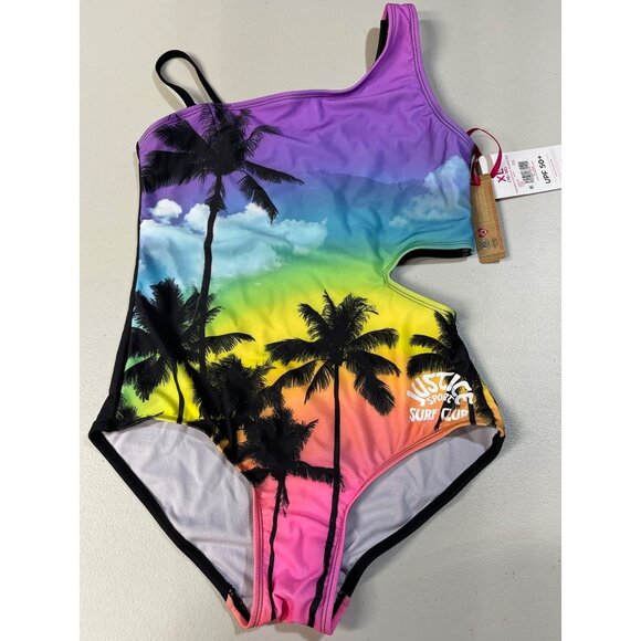 Justice Girls XL 16/18 One-Shoulder Cut-Out Swimsuit Rainbow Palm Print UPF 50+ - Picture 1 of 11